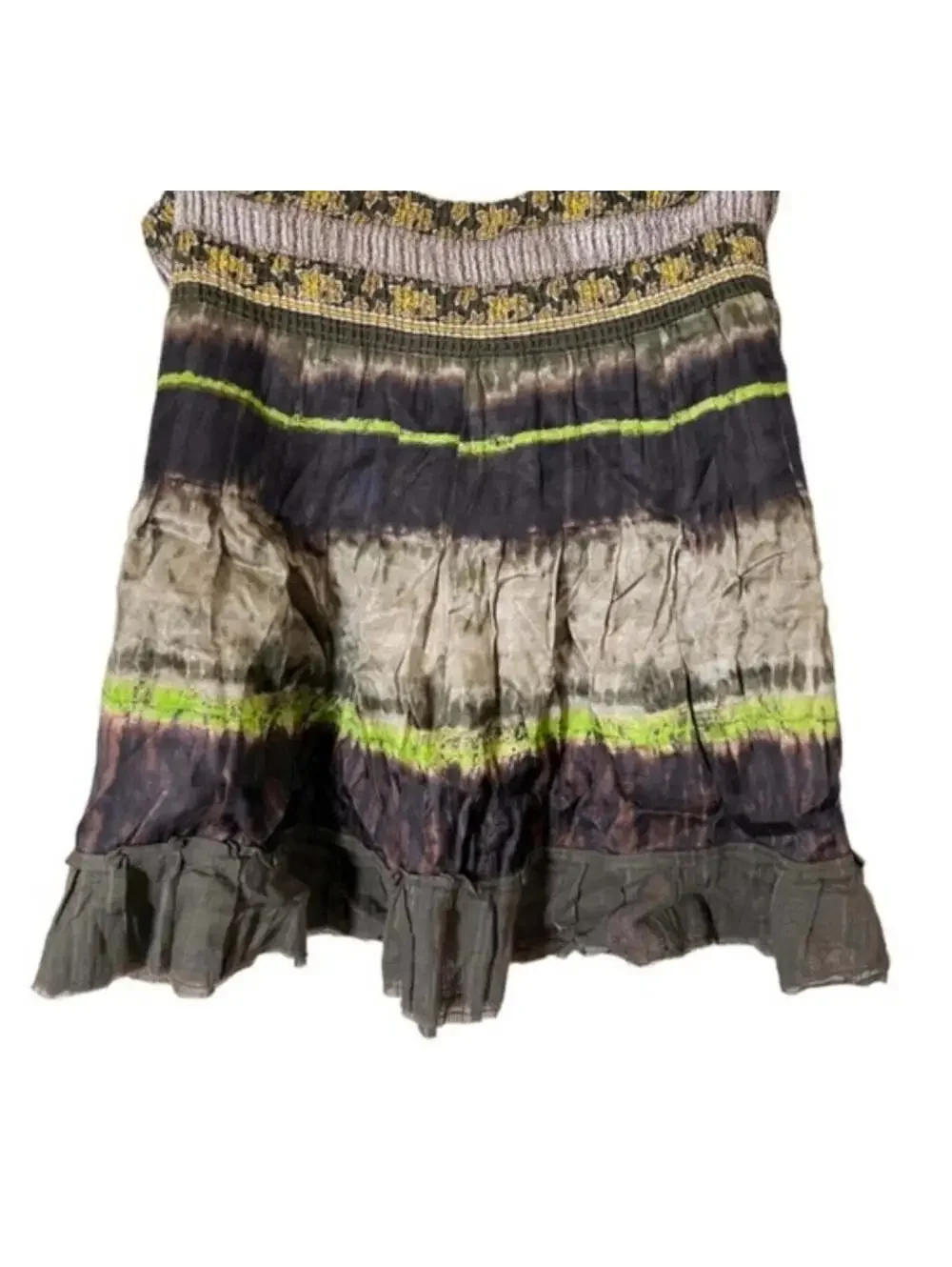 Free People Tie Dye Tiered Boho Mini Skirt Olive Size L Pre-Loved